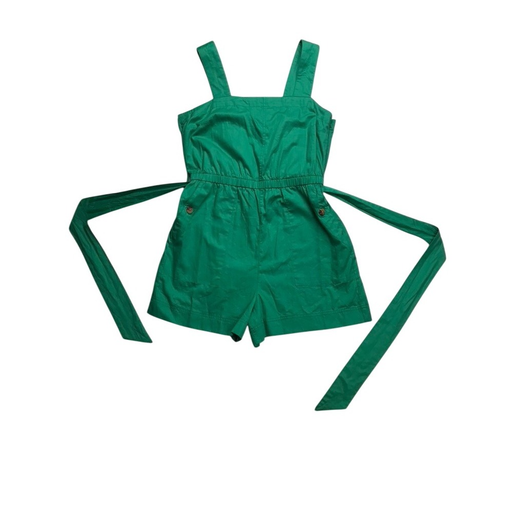 Free Assembly Square Neck Belted Romper Women Size M Green Cotton Sleeveless